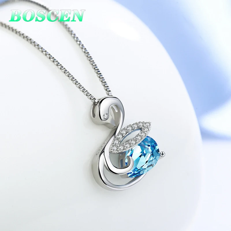 BOSCEN 925 пробы Серебряное ожерелье с подвеской для женщин подарок украшенный австрийским кристаллом элегантный красочный простой Лебедь синий