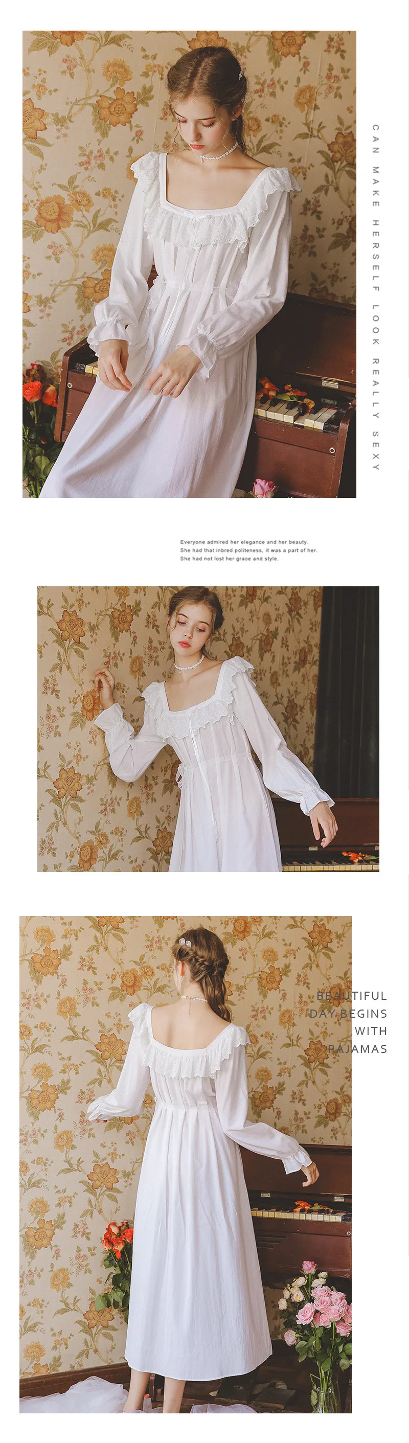 Осенняя одежда для сна, винтажная белая хлопковая ночная рубашка размера плюс, Женская домашняя одежда, ночная рубашка, Дамское ночное белье, ночная рубашка T534
