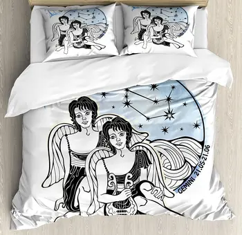 

Zodiac Gemini Duvet Cover Set Watercolor Backdrop and Constellation with The Twins and Harp 3 Piece Bedding Set Pale Blue Black