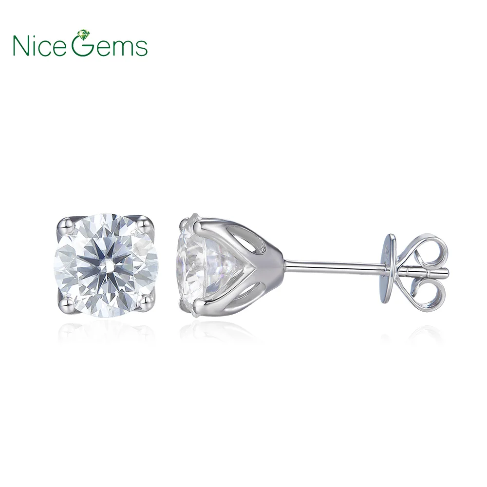 NiceGems серьги-гвоздики с муассанитом, серьги, настоящее Твердое 14 к белое золото, D E цвет, Муассанит, Алмазный центр, 0.25ct, 0.5ct, 0.8ct, 1ct, 2ct