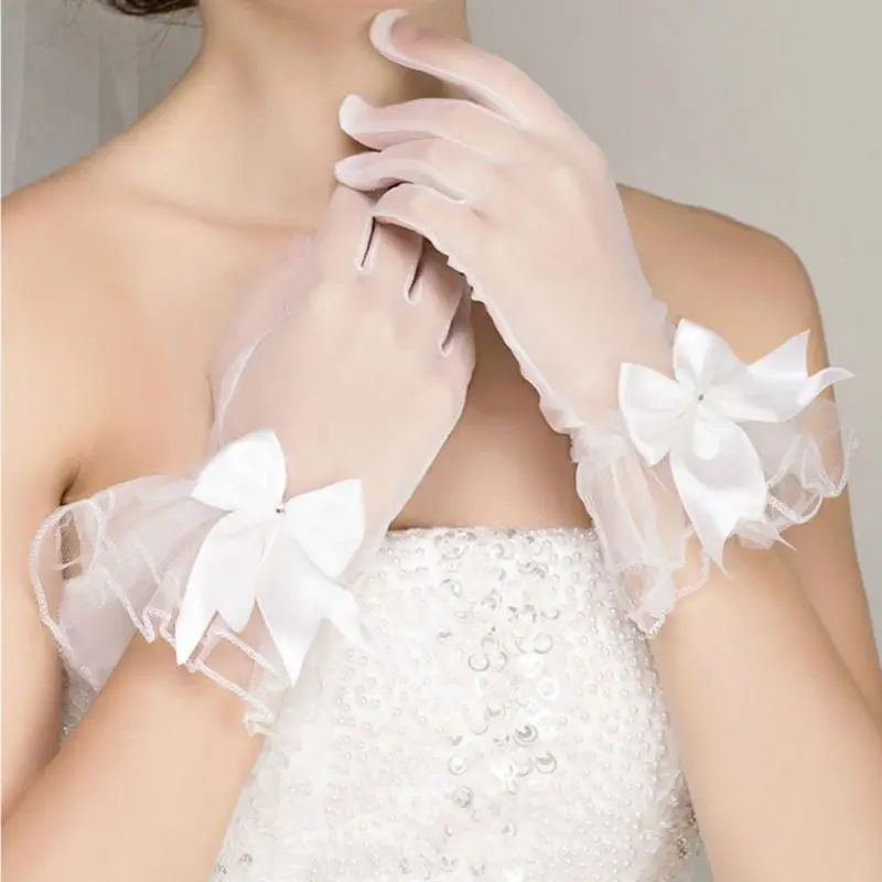 New Bride Gloves Gauze Bow-knot with Fingers Short White Glove Wedding Dress Accessories Photo Props E15E