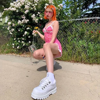 

Lace Cherry Women Pink Backless Suspender Skirt Sleeveless V-Neck