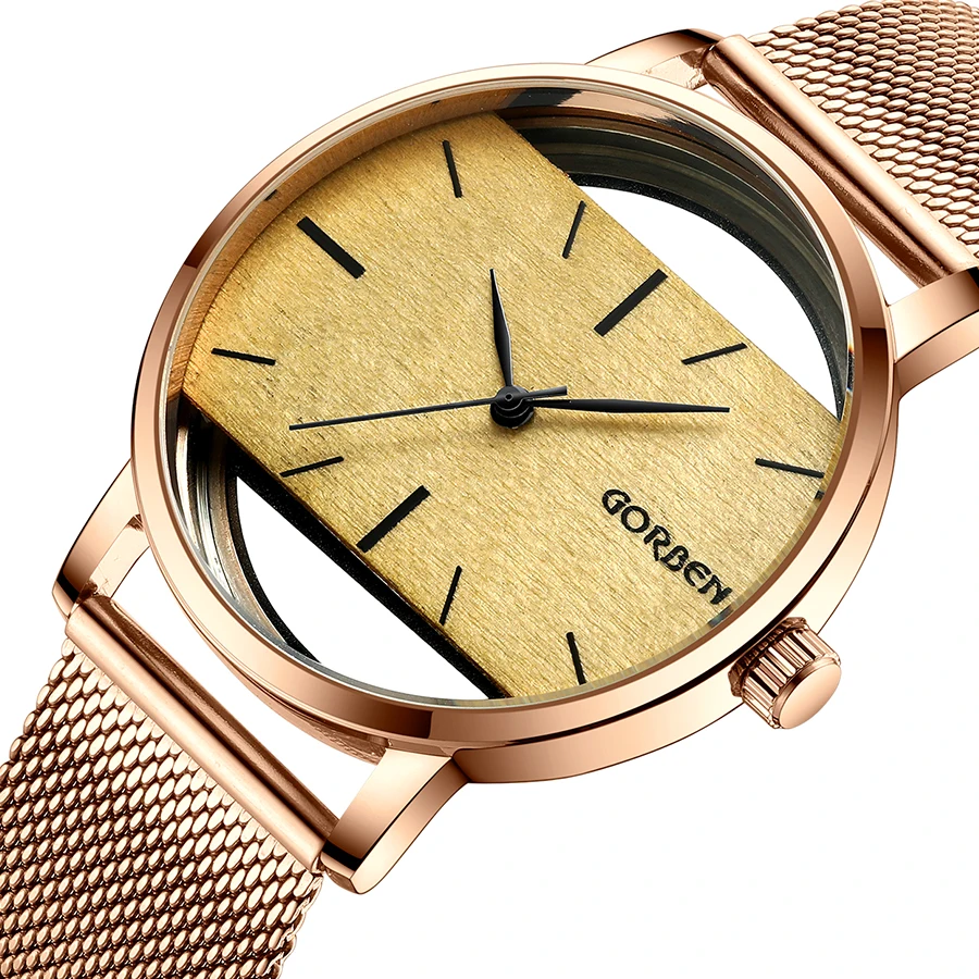 

2020 Gorben Rose Gold Men Watch Stainless Steel Mesh Band Wristwatch Transparent Minimalist Wooden Dial Quartz Male Clock