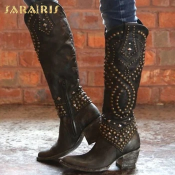 

Sarairis 2020 New Arrivals High Quality Zip Up Knee High Boots Women Shoes Chunky Heels Rivet Fashion INS Female Boots Ladies