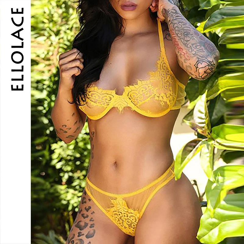 

Ellolace Sexy Mesh Lace Underwear Sets Lingerie Women Push Up Seamless Bralette and Thong Thin Mesh Women Panties Underwear 2019