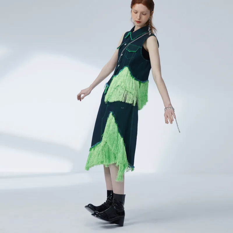 

Autumn New Two-piece Tassel Patchwork Single-breasted Denim Skirt+top Irregular Womens Fashion Streetwear B706