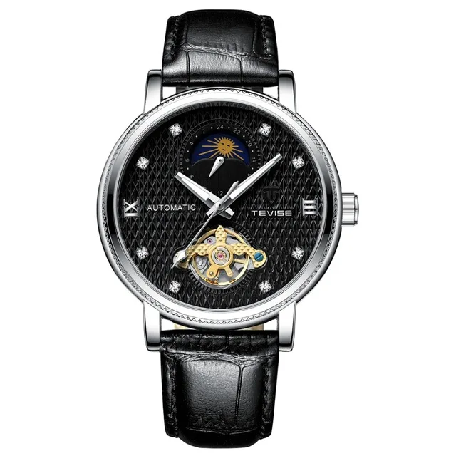 TEVISE Топ бренд модные мужские часы Moon phase Tourbillon Часы повседневные кожаные спортивные наручные часы Мужские часы Relogio Masculino - Цвет: black