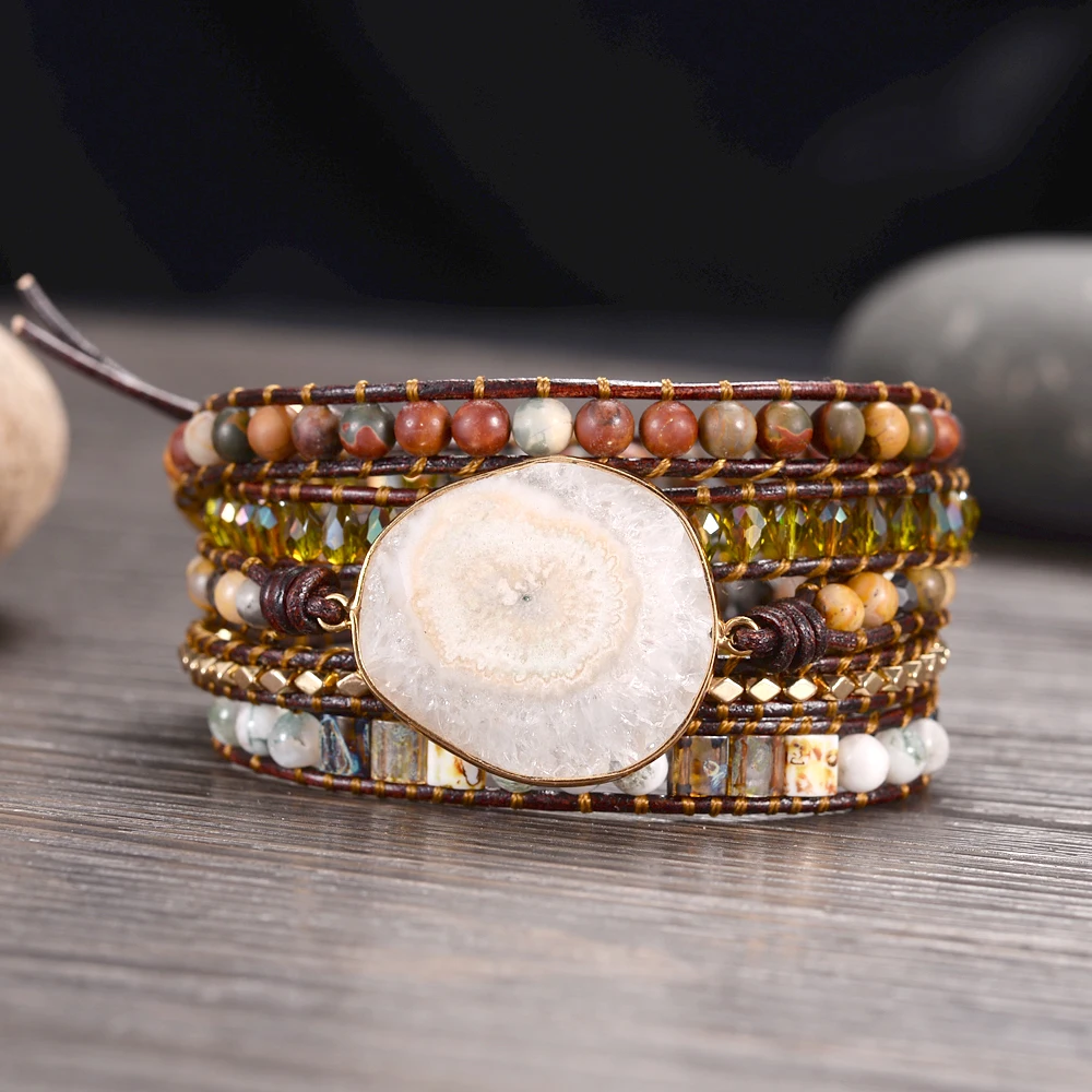 

Boho Handmade Natural Stone Bracelets Lion Clasp Vintage Leather 5 Wrap Women Novelty Bangles Beaded Bracelet Bohemia Zinc Alloy