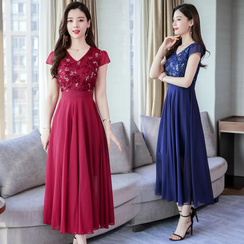 

2019 Summer Wear New Style Korean-style Chiffon Embroidered Slim Fit Waist Hugging Mid-length Dress Women's Fashion