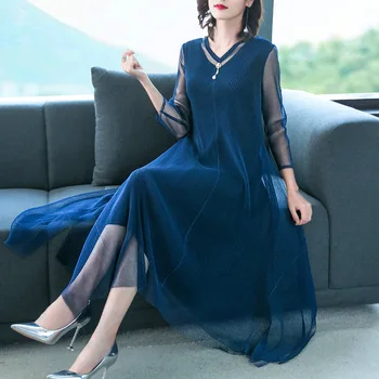 

Plus Size Dress 2019 Autumn Women's V Neck Three Quarter Sleeve Mesh stitching Faux Two Piece Stretch Miyake Pleated A Line Dress Midi