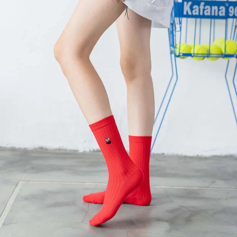 [WPLOIKJD]Candy Color Autumn Winter Socks New Product Embroidery Cute Expression Cotton Women Socks Harajuku Sokken Skarpetki