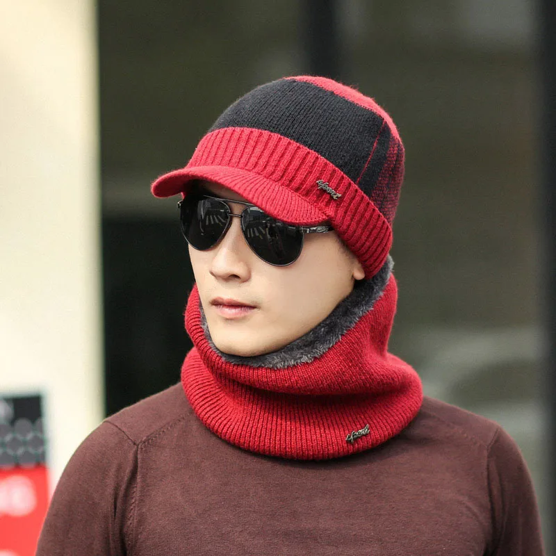 Red black set Хит, Мужская теплая шапка, шарф, набор, Мягкая вязаная шапка, шарф, набор, Skullies Beanies, Зимняя женская шапка, унисекс, вязаные шапки - Цвет: Red black set