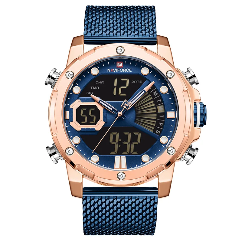 Rose Gold Blue NAVIFORCE часы для мужчин Топ люксовый бренд нержавеющая сталь кварцевые мужские часы большой циферблат спортивные наручные часы Мужские часы Relogio Masculino - Цвет: Rose Gold Blue