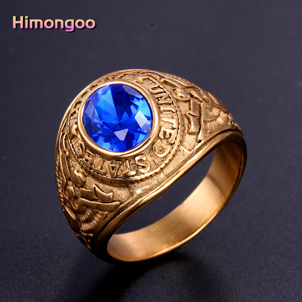 

Vintage Gold Plated "UNITED STATES" Mens 316L Stainless Steel Ring Inlay Sapphire Hip Hop Punk Style Mens Fashion Jewelry
