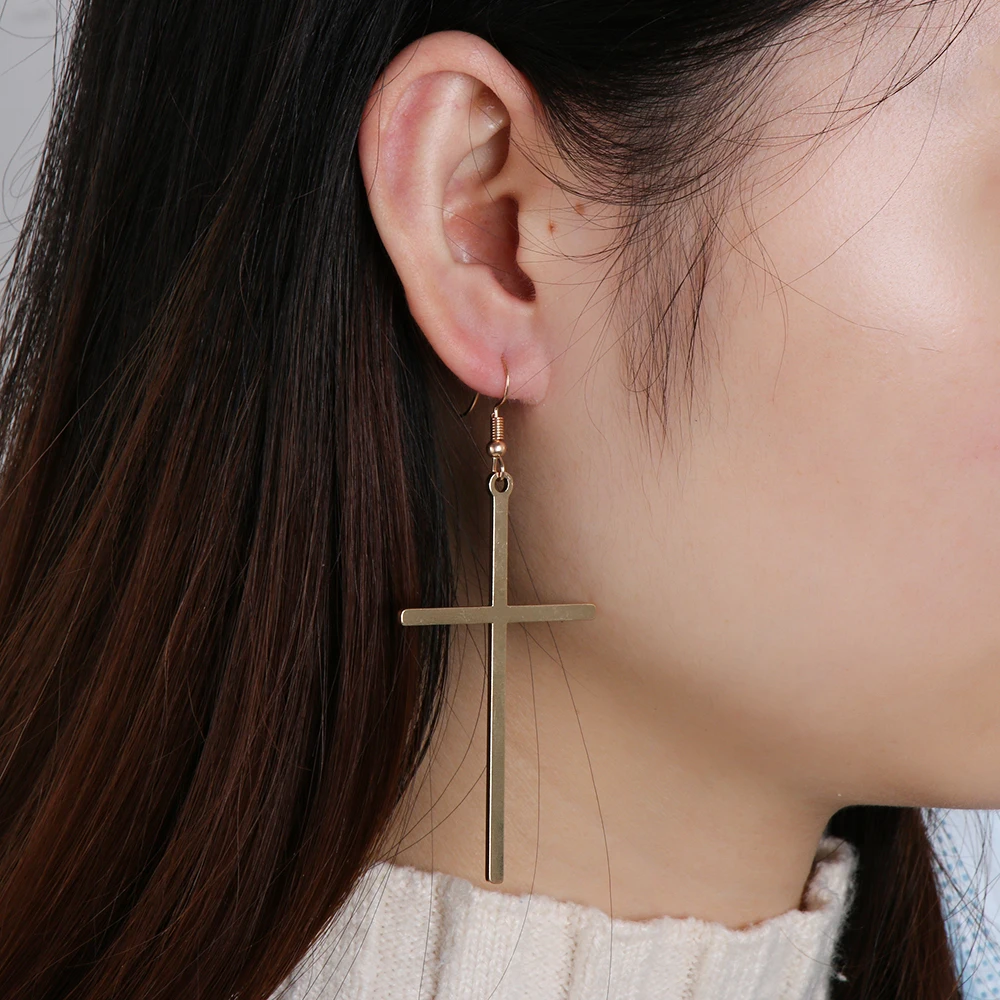 Ethnic Big Cross Long Earrings For Women Gold Color Drop Earrings Jewelry Bijoux Ethnique Femmes Punk Cross Earring