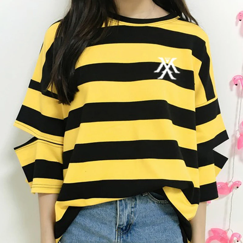 

2019 Kpop Monsta X Printing Stripes T Shirt For Kpop Fans new Fashion Hollow Out Sleeve O Neck T-shirt For Summer Women Shirts