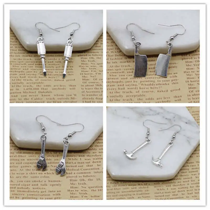 

Retro creative personality decorated mini life tool wrench, kitchen knife, hammer pendant earrings fun funny lady charm gift jewelry