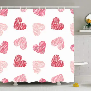 

Shower Curtain Set with Hooks Love Sketch White Pink Heart Graphic Pattern Holidays Pastel Abstract Cute Date Day Retro Doodle
