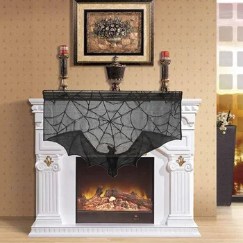 

Curtain Window Mantle Fireplace Cloth Halloween Decoration Lace Black Cobweb Bats Stove Towel for Party YU-Home