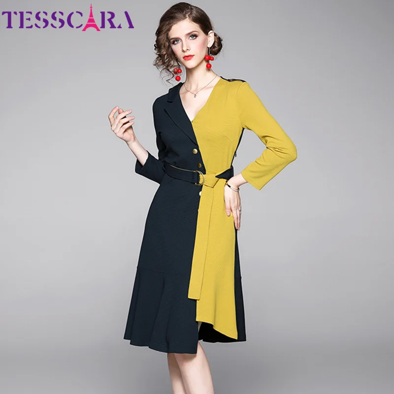 TESSCARA, женское осеннее элегантное платье, праздничное, женское, офисное, коктейльное, вечерние, халат, высокое качество, v-образный вырез, дизайнерское, лоскутное, Vestidos - Цвет: Yellow