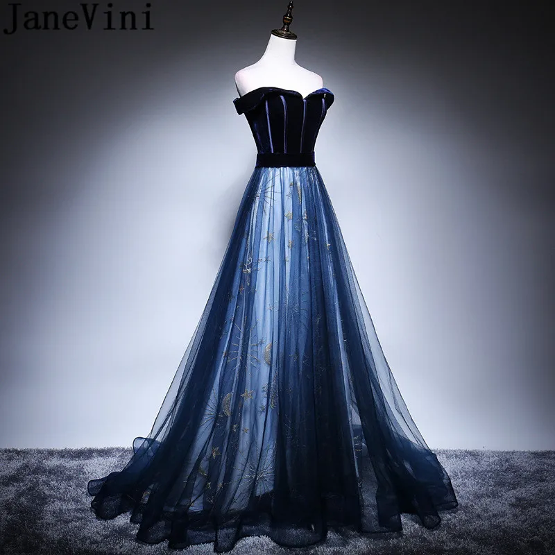 JaneVini Elegant Evening Dress Long Prom Dresses Off Shoulder Deep Blue Tulle Star Lace Velvet Party Gown Robe De Soiree