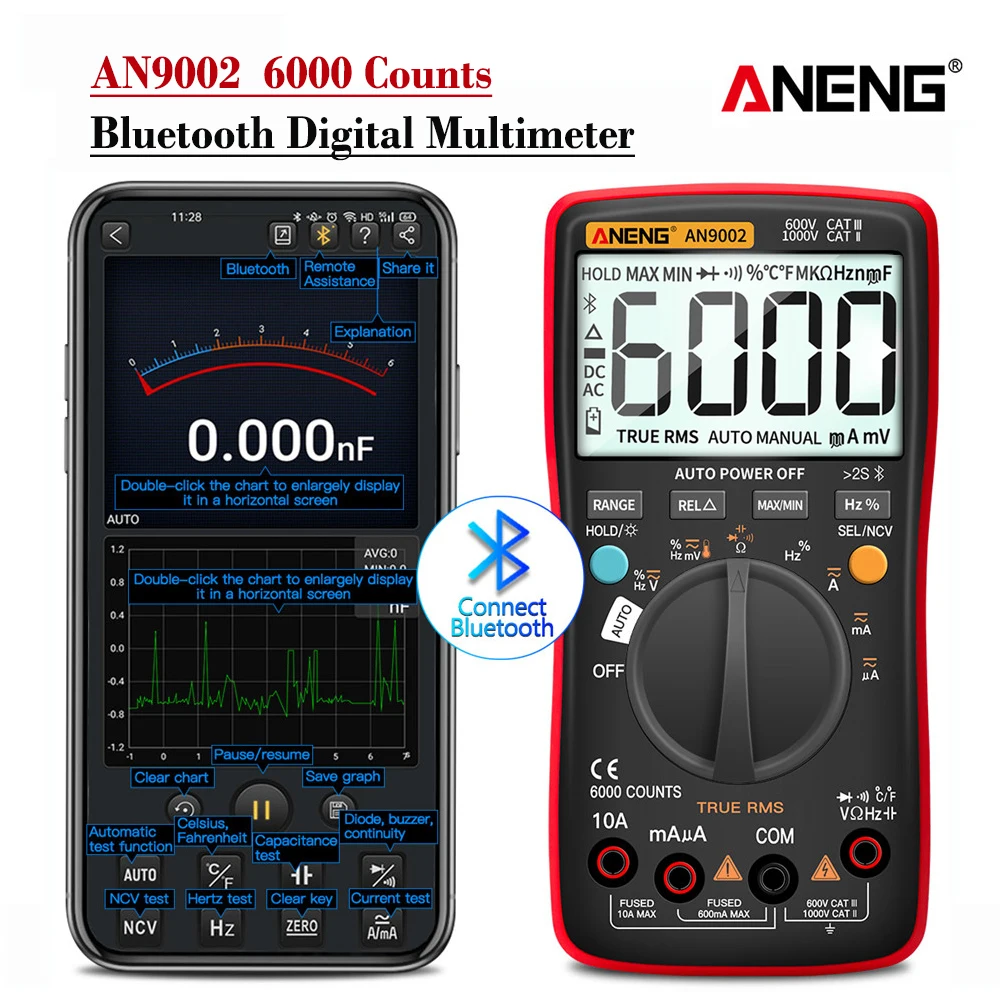 US $29.16 Aneng An9002 Digital True Rms Professional 6000 Counts Bluetooth Multimetro AcDc Current Voltage Tester AutoRange Multimeter