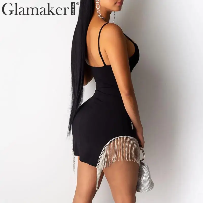 Glamaker, сексуальное черное мини короткое платье с кисточками, женское, зимнее, облегающее, элегантное, вечерние, Клубное платье, женское, осеннее, без рукавов, платье с бахромой