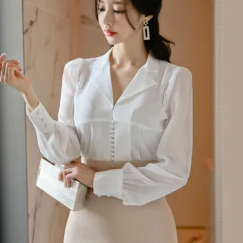 

2020 spring new office lady white shirts femme suit collar white tops Spring pearl shirt women white blouses