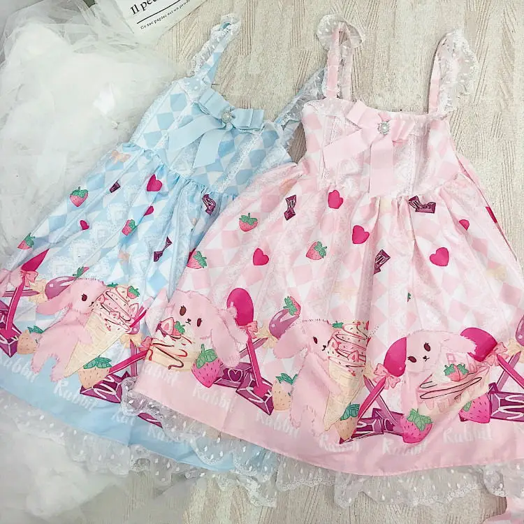 Kawaii мягкое японское платье Лолита для девочек Клубника десерт кролик сарафан Лолита женское летнее платье - Цвет: Blue no cover