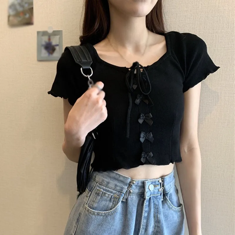 

Stretchy Ruffle Sleeve Crop Top Women 2020 Summer Button Solid Color Tight Rib-knitted Plain Sexy T-shirt Dropshipping