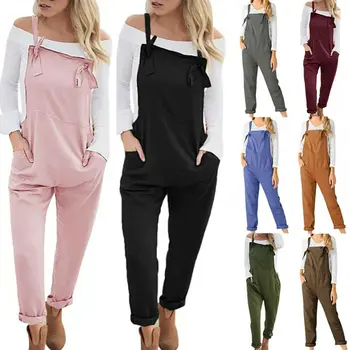 

New Women's Casual Wide Legs Loose Baggy Overalls Jumpsuit Romper Bib Cargo Pants Cotton Linen Dungaree Harem Strap Pocket Pants