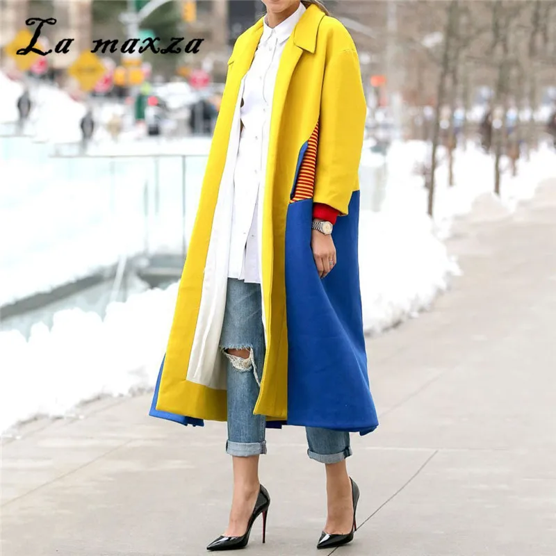 Винтажный элегантный Тренч большого размера синего и желтого цвета в стиле пэчворк свободное модное повседневное дизайнерское длинное пальто