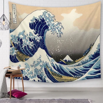 

Japan Kanagawa Waves Printed Tapestry Whale Arowana Wall Hanging Tapestries Boho Bedspread Yoga Mat Blanket 200*148cm