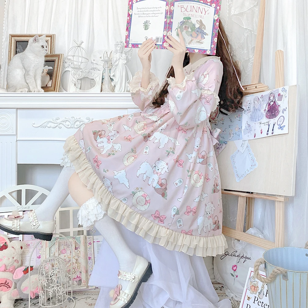 

Spring New Lolita Lovely Sheep Sweet Girl Cute Lolita Dress Op Long Sleeve Loli Women Japanese Kawaii Pink Sky Blue Anime Dress