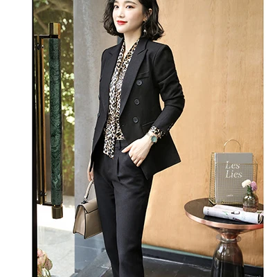 Black Pant Suits Модная новинка года; сезон осень-зима; красные и черные брючные костюмы; двубортные блейзеры; куртки; пальто и штаны; комплект из двух предметов - Цвет: Black Pant Suits