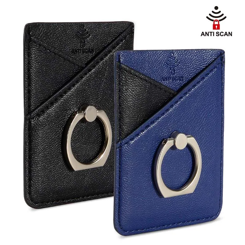 Men Women Credit ID Card Holder Cell Phone Wallet for Men Pocket Stick On Adhesive with Finger Ring Kickstand Secure Grip RFID