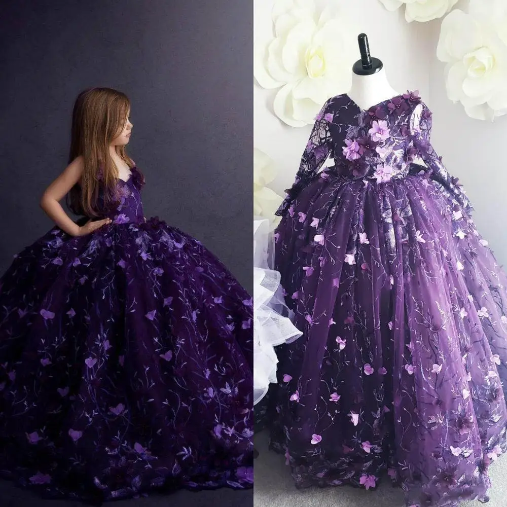 Милое фиолетовое Пышное Платье для девочек с v-образным вырезом, кружевное бальное платье с объемными цветочными аппликациями, платья для девочек с цветочным узором на свадьбу, съемные рукава