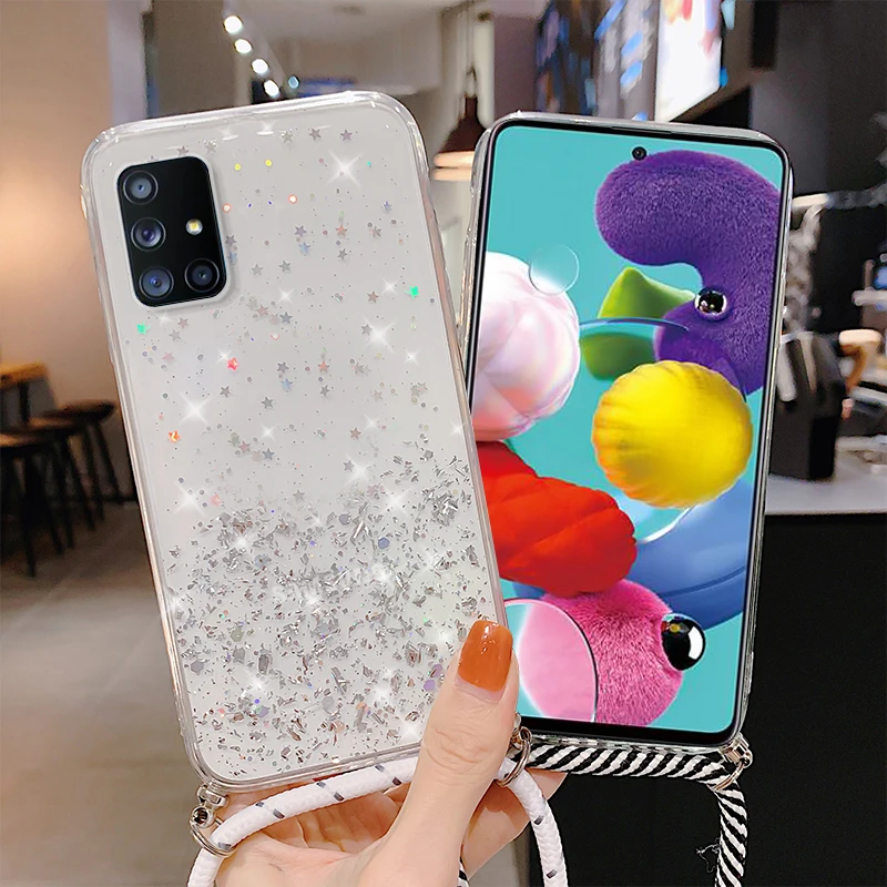 Mit Umhängeband Klare Glitzerhülle für Samsung Galaxy A51 A71 S20 FE S22 S21 Ultra S10 Plus A02s A12 A32 M52 M51 A53 A52_voghion.com