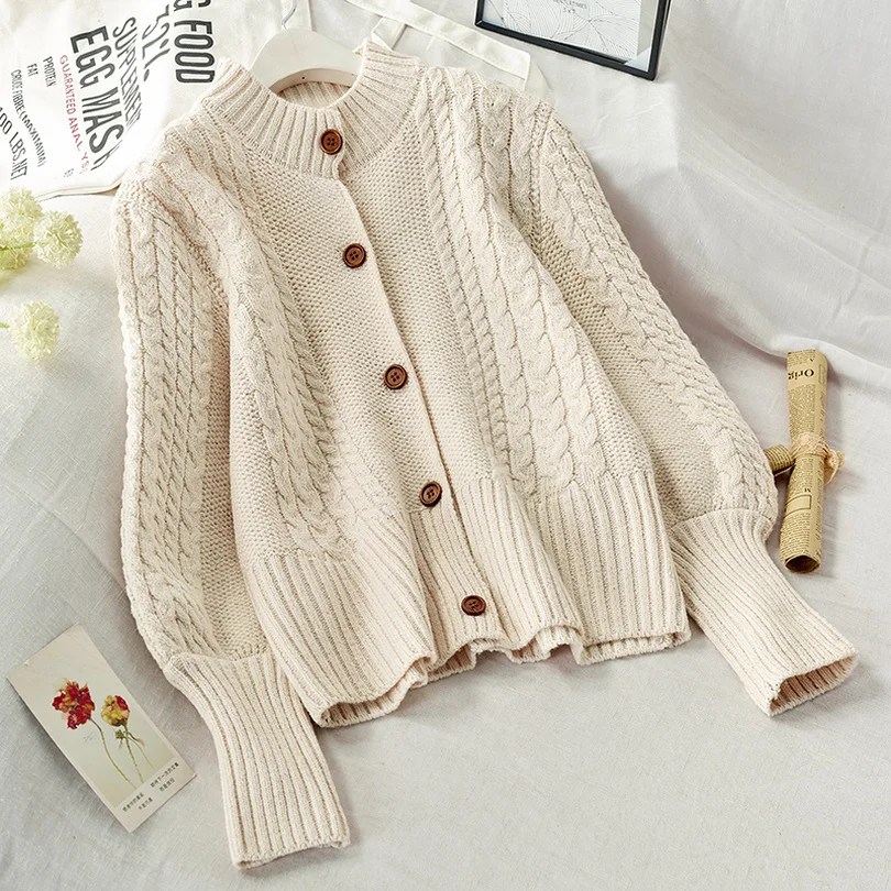 

TYHRU Autumn Women's Solid Color Long Sleeve Turtleneck Cardigan Single Breasted Knit Sweater