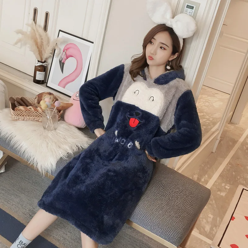 Cartoon girl Korean version hooded plush warm sleeper gown winter women coral velvet thickening winter - Цвет: Черный