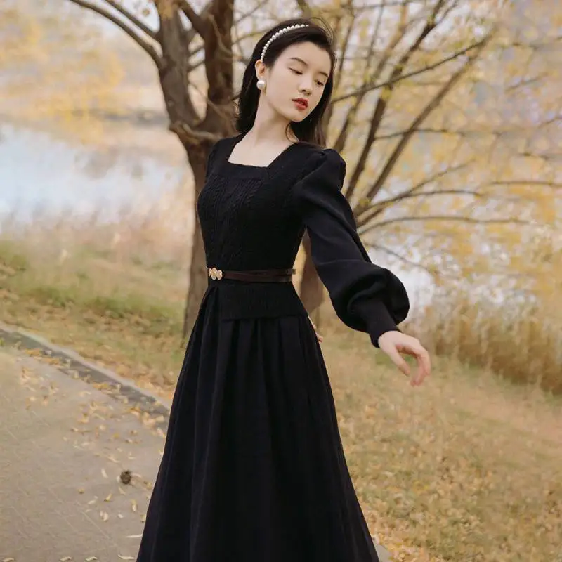winter classic dress Midi Dress Winter Frocks For Womens Women's Vintage Elegant Evening Party  Midi Dress Puff Sleeve