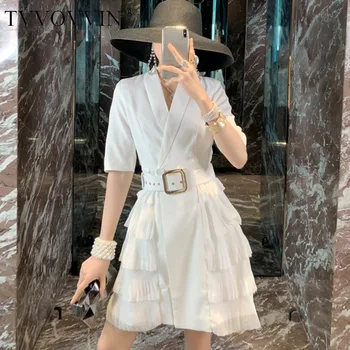 

Solid Color Short-sleeved Belt Multi-layer Lace Stitching Ladies Office Blazer Dress Simple Fashion 2019 Autumn New L415