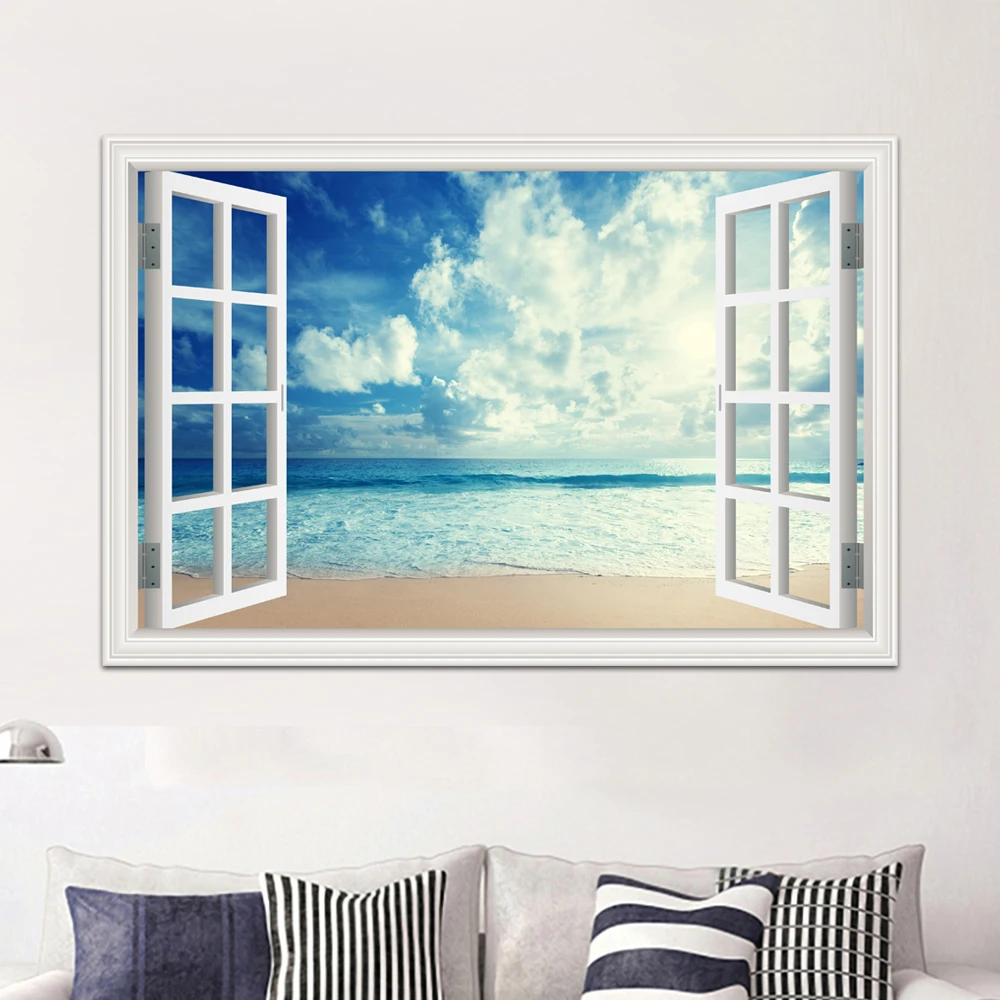 Wall Stickers Self Adhesive Wall Stickers Window Stickers Vinyl Stickers Vinyl Wall Stickers Self Adhesive Stickers Self Adhesive Wallpaper Blue Beach Nature Sky 3D Window View Wall Sticker PVC Sea Landscape Vinyl Decal Room Decor Picture