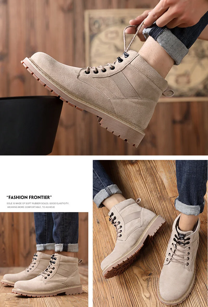 Merkmak Genuine Pig Skin Men Work Boots Non-slip Big Size 37-44 Handmade Autumn Ankle Booties Fashion Lace-up Men Casual Shoes