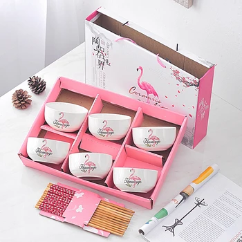 

Wedding Gift Bowl Set Pink Gift Box Packing Elegant Birds Print 4.5-inch Rice Bowl Ceramic European Simple Household Soup Bowl