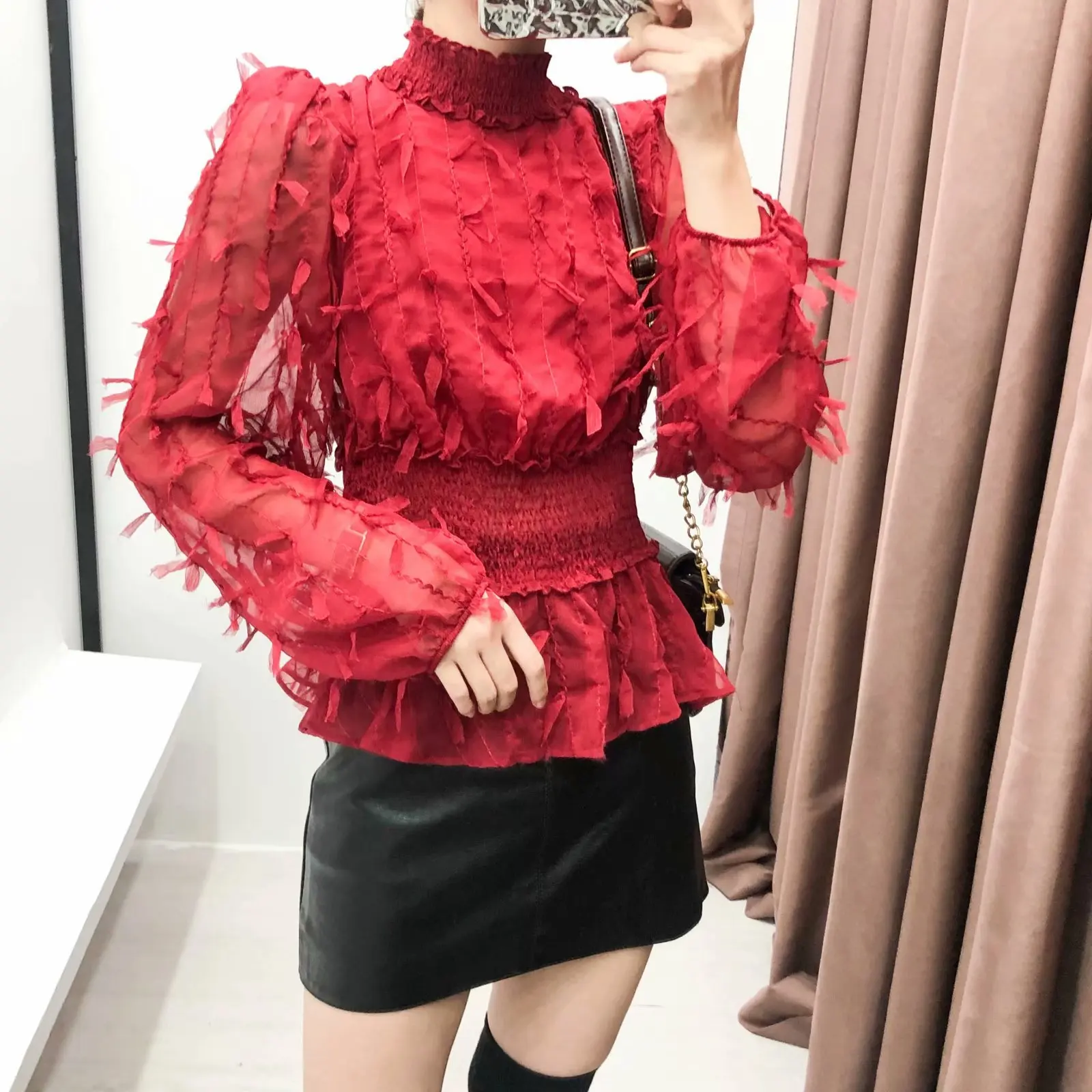 nieuwe vrouwen elegante kwastje decoratie elastische taille шикарные блузки dames stand kraag ruches kiel рубашки chemise Топы