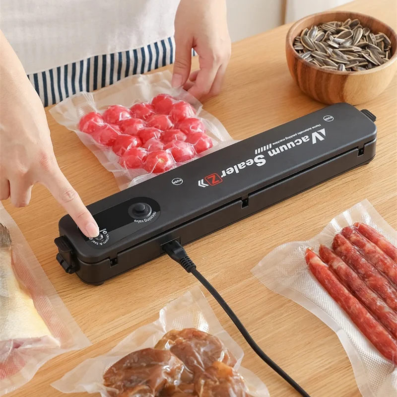 Máquina de envasado al vacío, sellador de alimentos negro para el hogar, con tapón para UE/ru/EE. UU., 220V/110V, 10 Uds. Gratis