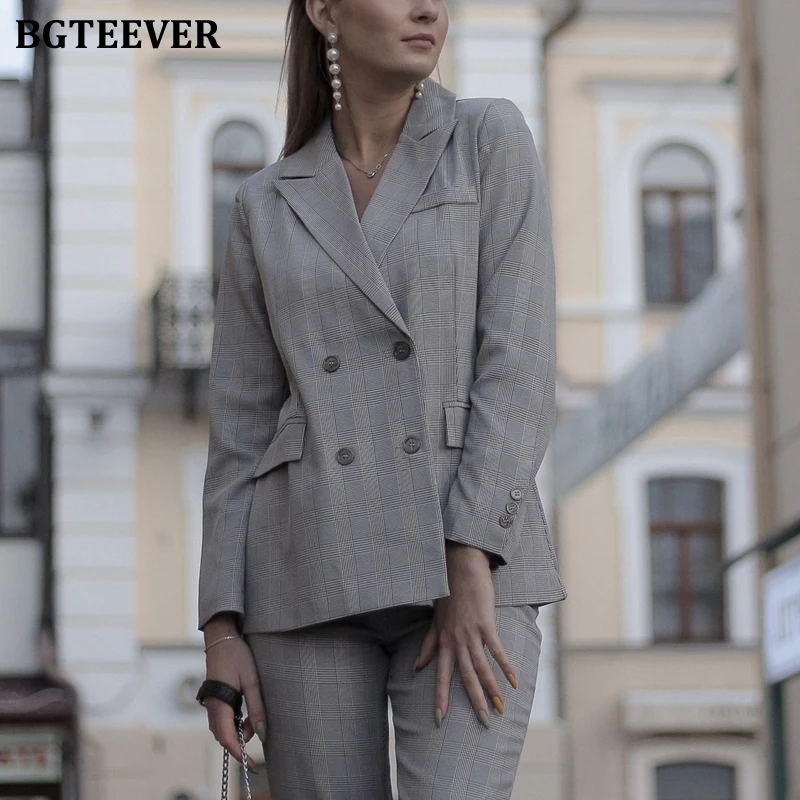 BGTEEVER, винтажный клетчатый женский брючный костюм, двубортный пиджак и брюки-карандаш, Женский блейзер, комплект, Ретро стиль, женский брючный костюм - Цвет: plaid