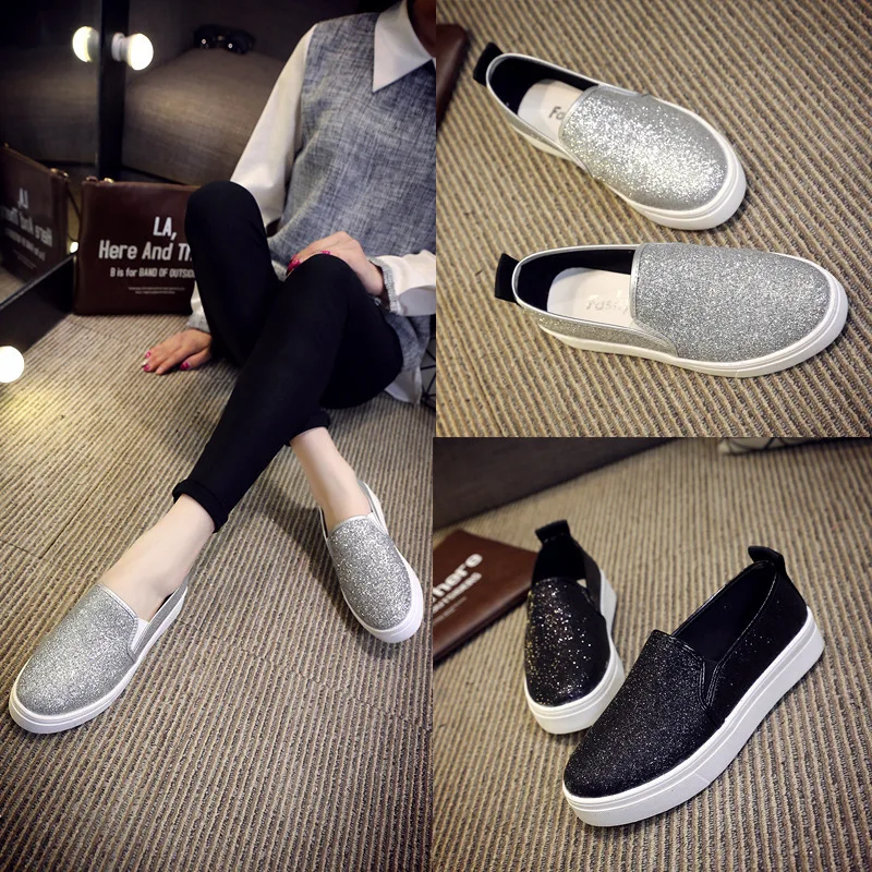

2017 Spring Korean-style New Style Low-Cut Loafers Comfortable Platform Shoes Sequin Loafers Women's STUDENT'S Shoes Women's