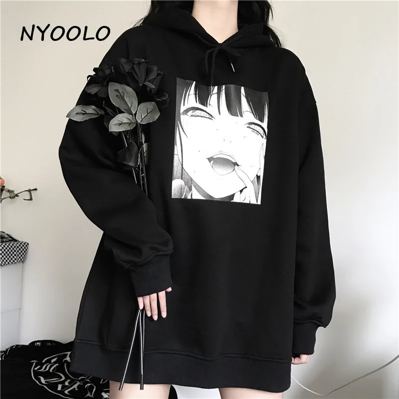 NYOOLO Harajuku style girl print Loose warm fleece hoodies Autumn winter street long sleeve hooded pullovers Sweatshirt women